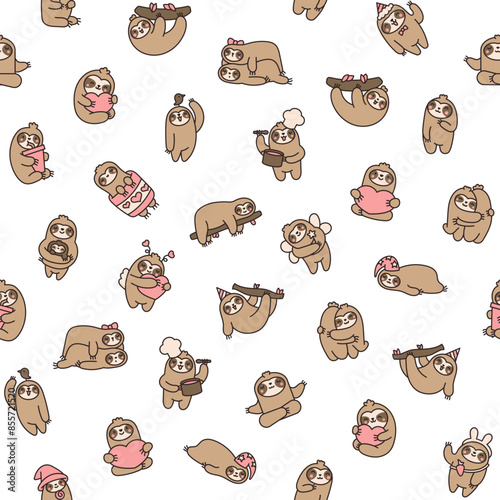 Cute kawaii sloth character. Seamless pattern. Cartoon funny wild animal. Hand drawn style. Vector drawing. Design ornaments.