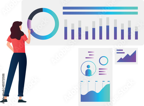 A girl is looking at the pie graph.