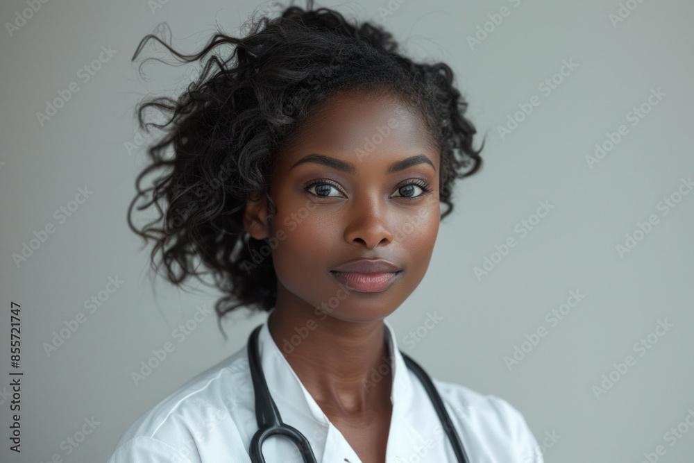 Female doctor with stethoscope smiling against white background