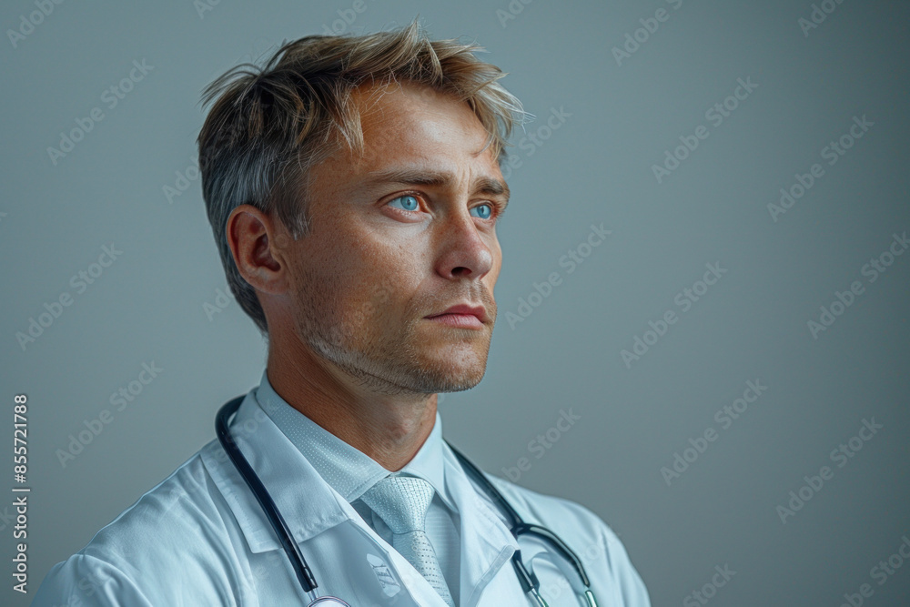 Obraz premium Professional doctor in white coat with stethoscope on white background