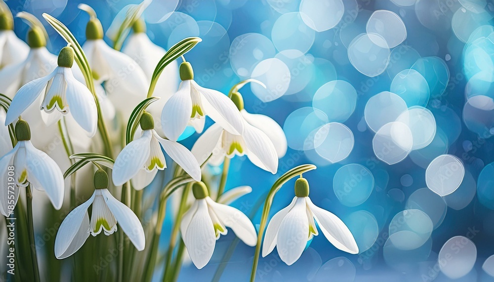 Fototapeta premium Delicate Elegance: Snowdrop Flowers Against a Blue Bokeh Background