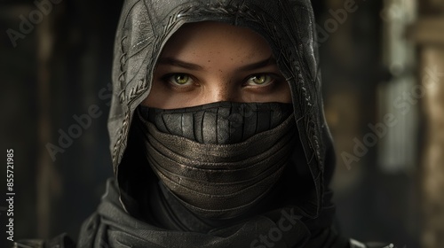 mysterious hooded figure with piercing eyes