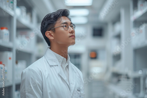 Scientist in laboratory hallway looking thoughtful and focused