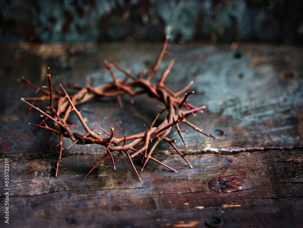 A close-up image of a thorny crown resting on a wooden surface A close-up image of a thorny crown resting on a wooden surface