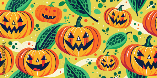 Seamless pattern with pumpkins and leaves on yellow background