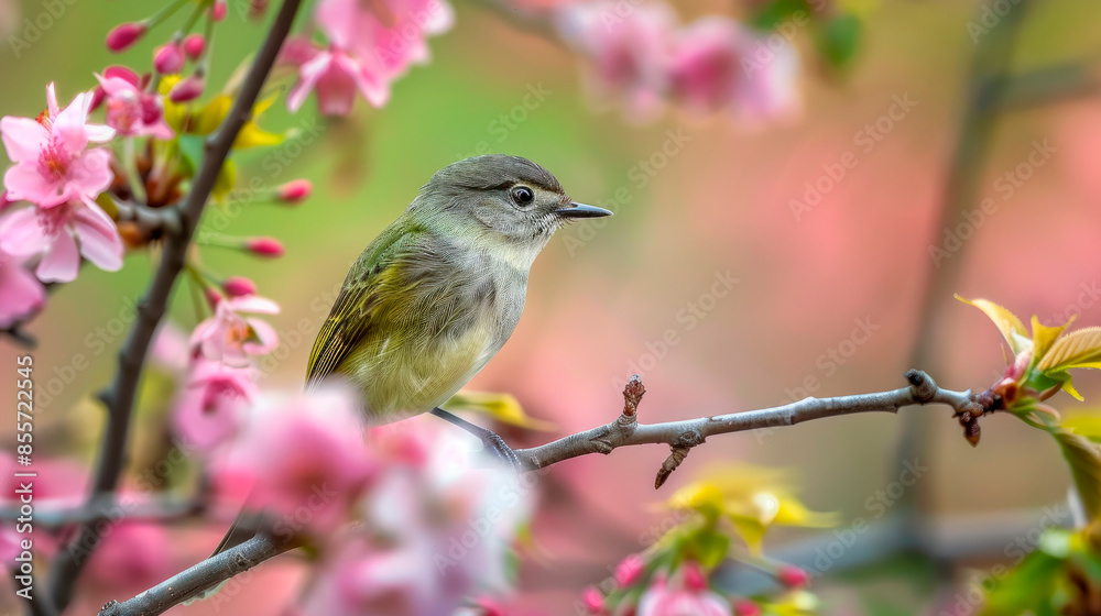 Obraz premium An olive flycatcher bird perched on a spring tree branch.