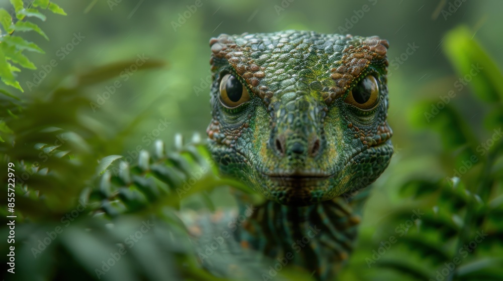 Close-up of a green lizard with large eyes in a lush, natural environment Close-up of a green lizard with large eyes in a lush, natural environment