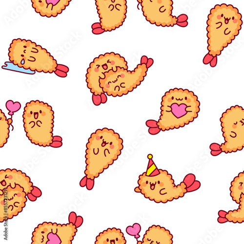Funny tempura shrimp characters. Seamless pattern. Cute cartoon japanese food. Hand drawn style. Vector drawing. Design ornaments.