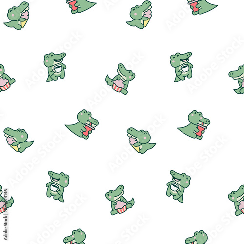 Cute kawaii crocodile. Seamless pattern. Cartoon adorable animal characters. Hand drawn style. Vector drawing. Design ornaments.