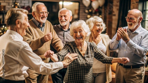 Smiley happy seniors dancing and having fun celebrating party in nursing home, elderly people enjoying a lively social activity gathering 