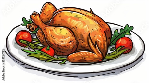 Fried chicken with tomatoes on a plate, traditional holiday dinner, vector illustration. A simple drawing in a cartoon style.. Grilled chicken meat.