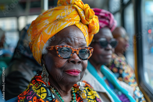 Title: Elderly Women in Colorful Attire on a Bus 