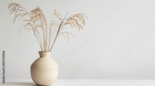 Dry grass displayed in ceramic vase on white background with space for text © TheWaterMeloonProjec