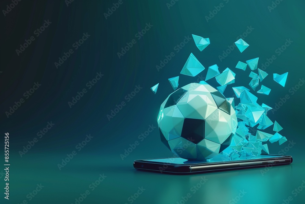 Fototapeta premium soccer ball bursts from a smartphone, shattering into geometric shards against a dark teal background. digital art, fusion of sports and technology, virtual gaming, sports apps, online sports content
