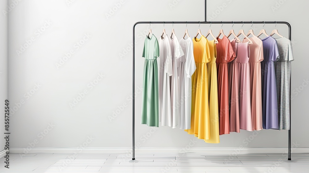 a fashionable assortment of women's dresses and t-shirts hanging against a crisp white wall background. a fashionable assortment of women's dresses and t-shirts hanging against a crisp white wall background.