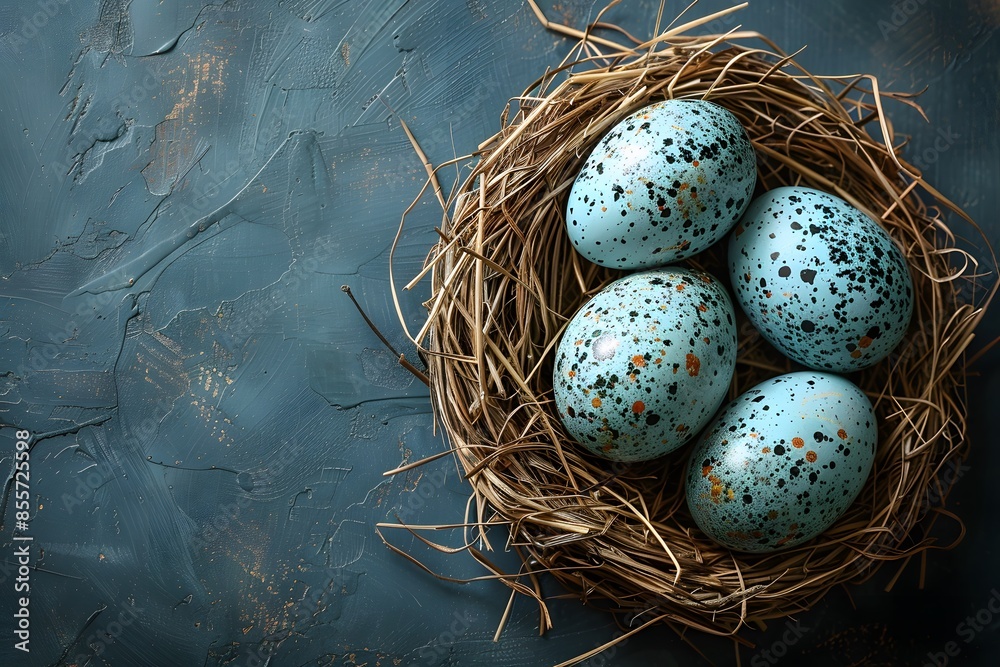 Easter Decor Nest with Beautifully Painted Blue and Speckled Eggs - Perfect for Holiday Cards or Spring Designs