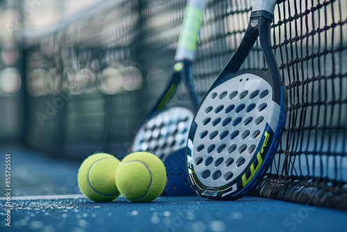 A pair of padel tennis rackets and balls resting against a net on a blue court. The equipment is positioned close to the camera, with the court and net slightly blurred in the background photo