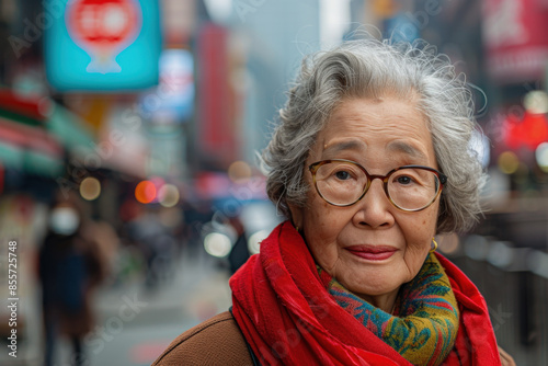 Elderly woman with glasses and vibrant red scarf captured in a busy city street during the daytime. 