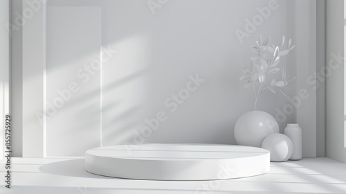 Minimalist white podium with decorative vases and plants in a bright ambient setting © chesleatsz