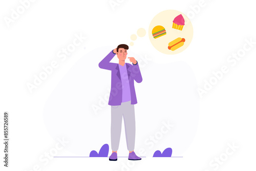 Unhealthy nutrition hunger. Man thinking food. . A hungry guy with an upset stomach imagines a delicious meal Vector illustrations.