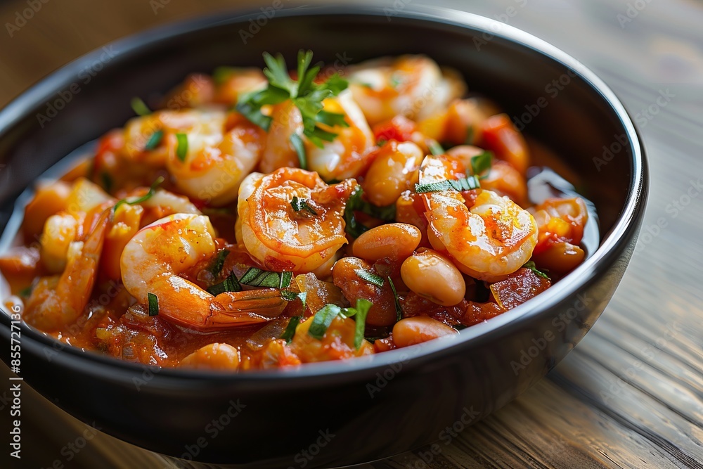 Close-up of a delicious dish featuring shrimp and white beans in a flavorful sauce. Perfect for recipe articles or food blogs. Mouth-watering and visually appealing. Generative AI Close-up of a delicious dish featuring shrimp and white beans in a flavorful sauce. Perfect for recipe articles or food blogs. Mouth-watering and visually appealing. Generative AI