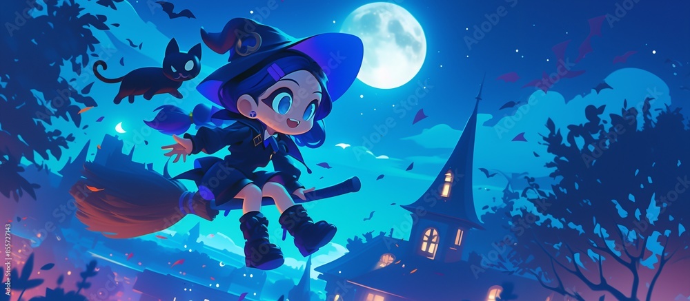  Little witch on her flying broom with her cat, over the city, night sky with the moon, clouds, and stars, Chibi anime style, Halloween, copy space.