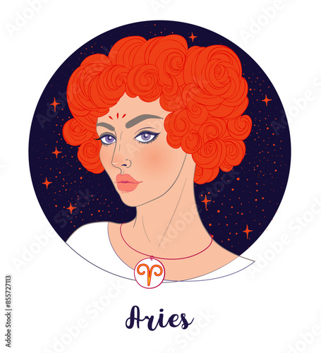 Illustration of Aries astrological sign as a beautiful girl. Zodiac vector il...