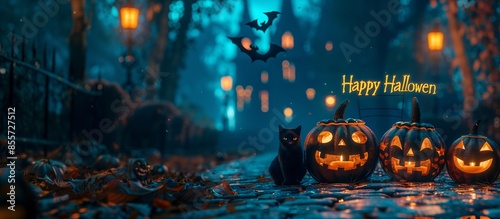 Three jack-o-lanterns and a black cat on a cobblestone path, with the phrase 'Happy Halloween,' background of a spooky castle, street lamps, bats, 3D rendering, copy space.