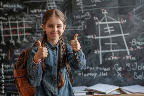 Smiling schoolgirl with two thumbs up in front of a chalkboard filled with complex diagrams. Energetic and joyful. Perfect for educational themes and classroom settings. Generative AI