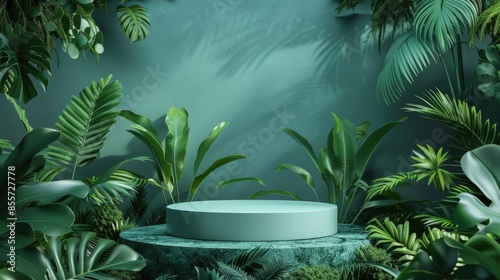 Green podium stage surrounded by plants and a round backdrop, perfect for eco-friendly presentations and nature-themed décor