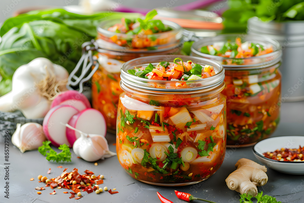 Kimchi in a jar, surrounded by fresh vegetables. Kimchi in a jar, surrounded by fresh vegetables.