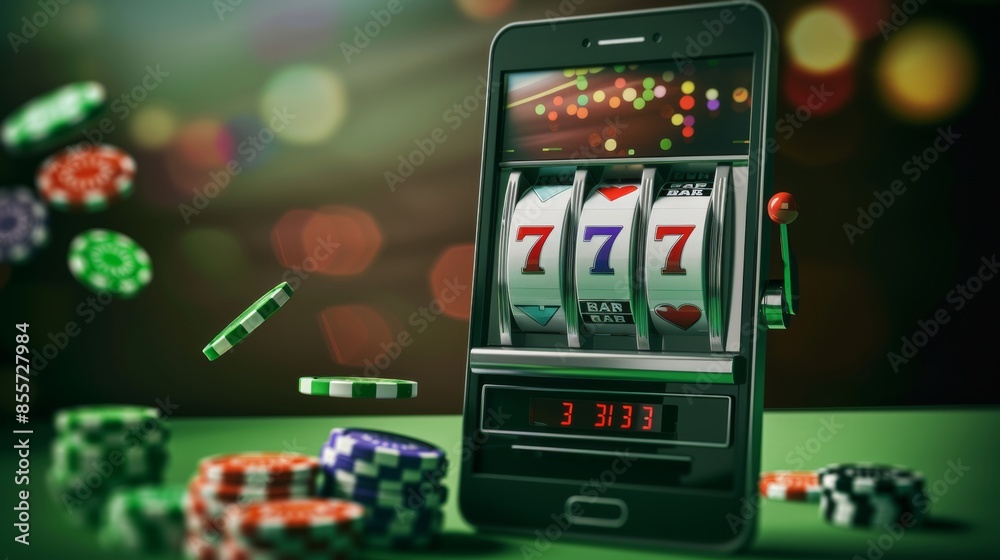 Naklejka premium Smartphone Casino Slot Machine: Digital Gambling with Bright Lights and Poker Chips