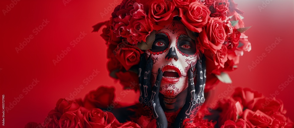 A woman with a Mexican skull design and a scared expression, La Catrina, adorned with roses, against a solid red background, copy space. A woman with a Mexican skull design and a scared expression, La Catrina, adorned with roses, against a solid red background, copy space.