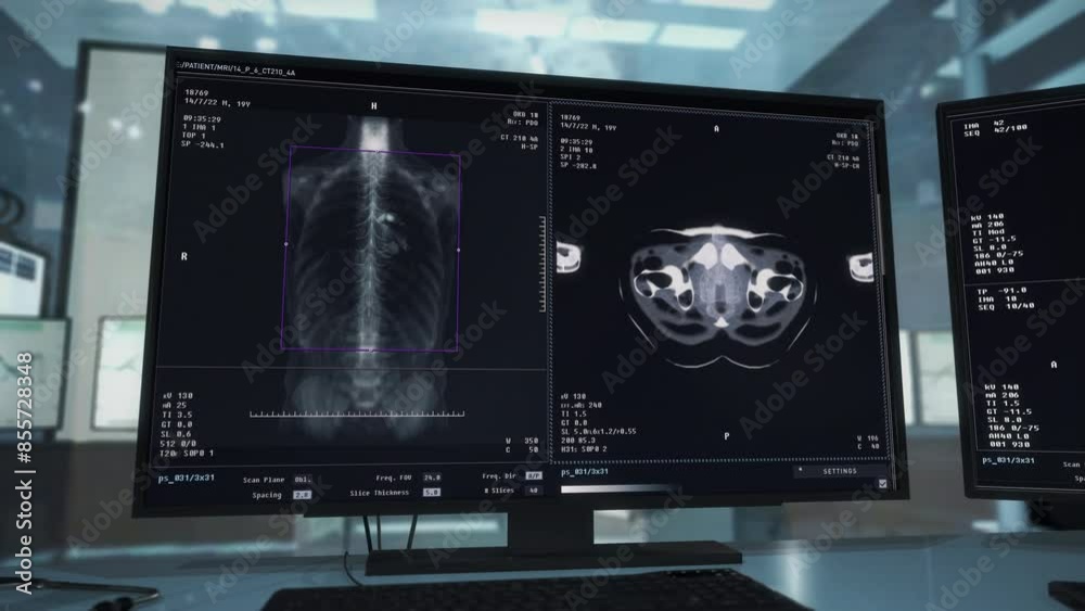 Medical Examination Body Imaging On Computer Screen In Modern Clinic. Healthcare Examination. X-ray Body Imaging. Health Examination. Body Imaging For Injuries Scan. Analysis. Skeleton Medical Examination Body Imaging On Computer Screen In Modern Clinic. Healthcare Examination. X-ray Body Imaging. Health Examination. Body Imaging For Injuries Scan. Analysis. Skeleton