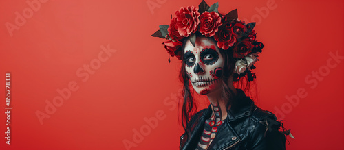 A woman with a Mexican skull design, wearing a rose crown and a black leather jacket, against a solid red background, La Catrina, copy space.