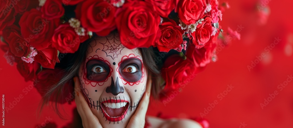 A woman with a Mexican skull design and a scared expression, La Catrina, adorned with roses, against a solid red background, copy space. A woman with a Mexican skull design and a scared expression, La Catrina, adorned with roses, against a solid red background, copy space.