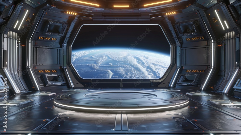 Modern space station with a front view of Earth through large windows, showcasing space technology