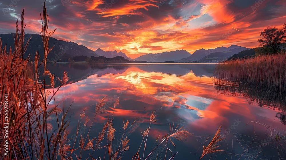 Orange red lake sunset reeds illustration poster background Orange red lake sunset reeds illustration poster background