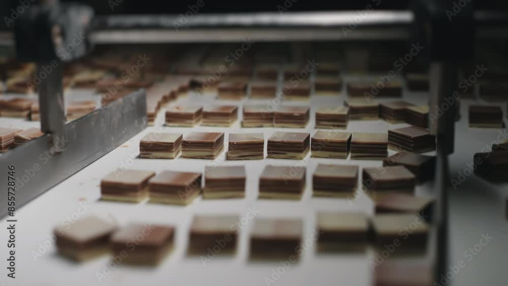 Pieces of milk chocolate move along a conveyor for packaging. Modern confectionery factory. Chocolate production. Pieces of milk chocolate move along a conveyor for packaging. Modern confectionery factory. Chocolate production.