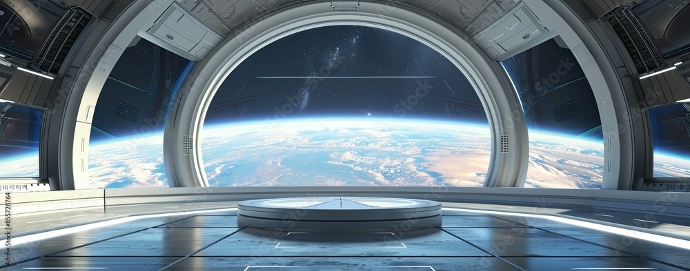 Futuristic space station view overlooking Earth, ideal for sci-fi themes, space exploration, and futuristic presentations