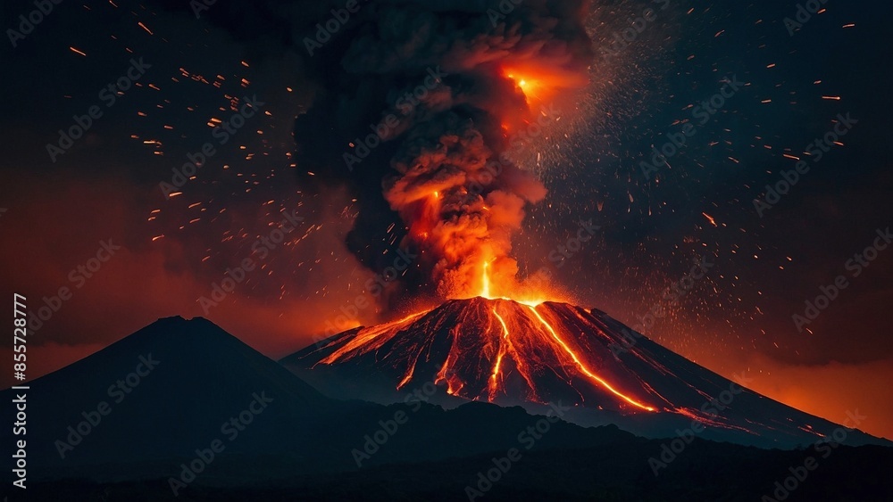 Fototapeta premium An epic shot of a volcano erruption with smoke clouds and flowing hot lava. Scenic view of a smoking volcano mount peak with cloud of ashes over the sunset sky.