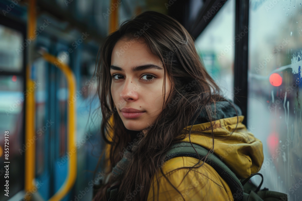 A young woman in a yellow jacket looks thoughtfully outside the window of a public bus during an early evening commute. A young woman in a yellow jacket looks thoughtfully outside the window of a public bus during an early evening commute.