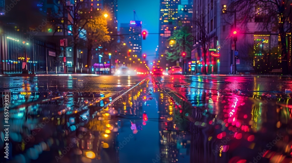 Fototapeta premium Dazzling Cityscape Reflected on Wet Urban Streets at Night
