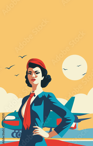 A female flight attendant against the background of an airplane and the sky, a female pilot, a postcard banner with a place for text for Flight Attendant Day, Aviation Day. Vector illustration
