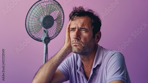 man in his thirties suffering from heat with a headache, sitting under an air conditioner fan, wearing a light blue polo shirt, on a purple background