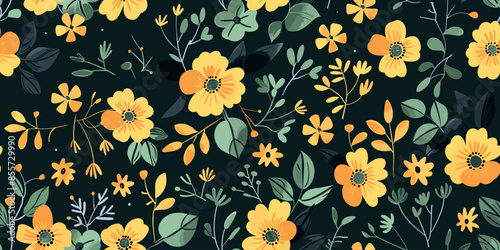 Seamless floral pattern with yellow flowers and leaves on dark green background. Abstract trendy spring, summer dress print. Beautiful multicolored motif. Hand drawn wildflowers flat illustration