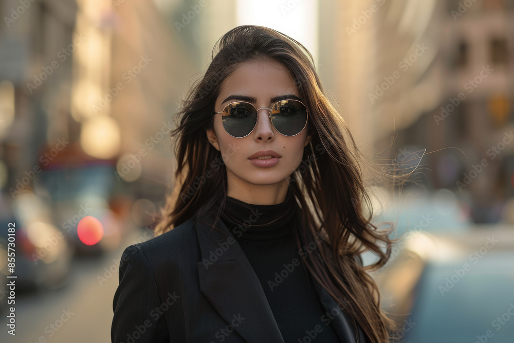 Confident Woman in Sunglasses Strolling in City at Sunset Confident Woman in Sunglasses Strolling in City at Sunset