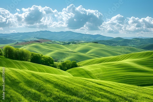 Idyllic Green Rolling Hills and Colorful Sky Over Countryside Landscape for Nature Photography