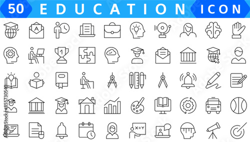 Education Line Editable Icons set. Vector illustration in modern thin line style of school icons: school subjects, supplies, science, and online learning. Isolated on white