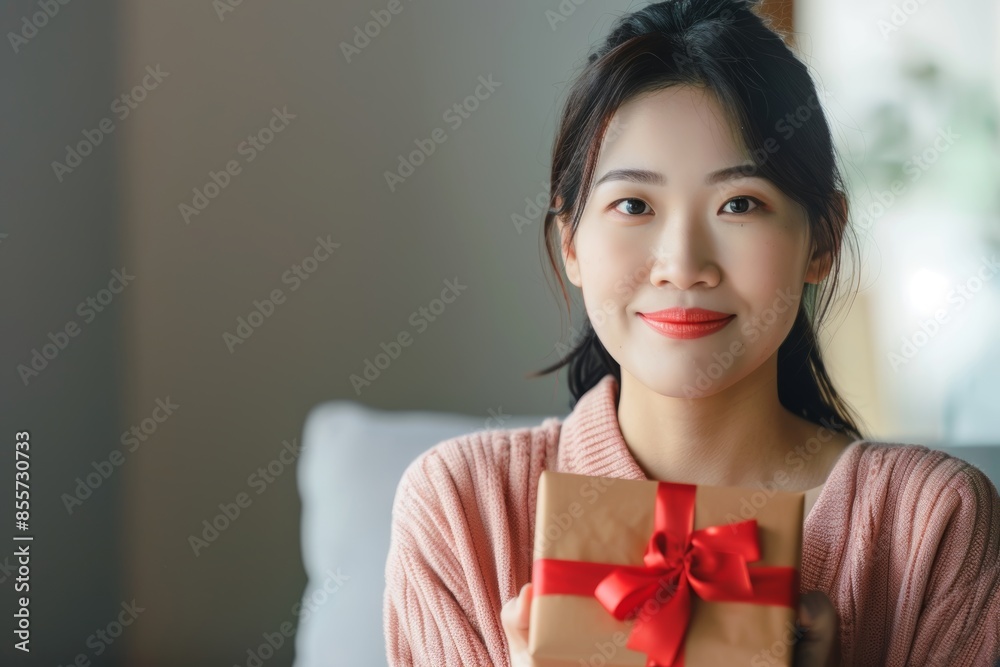 Portrait of a blissful asian woman in her 40s holding a gift while standing against minimalist or empty room background Portrait of a blissful asian woman in her 40s holding a gift while standing against minimalist or empty room background